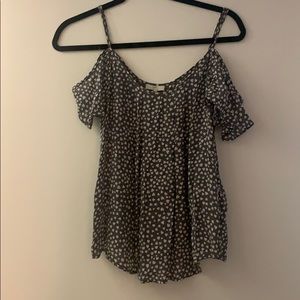 Grey tank with white hearts and draped sleeves